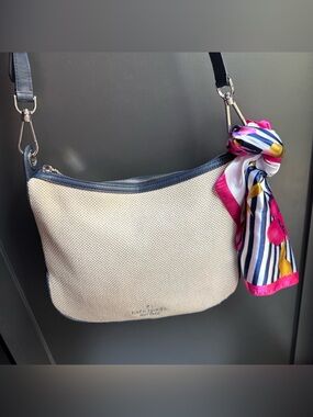 kate spade Rosie Canvas Crossbody in natural color w/navy blue leather trim